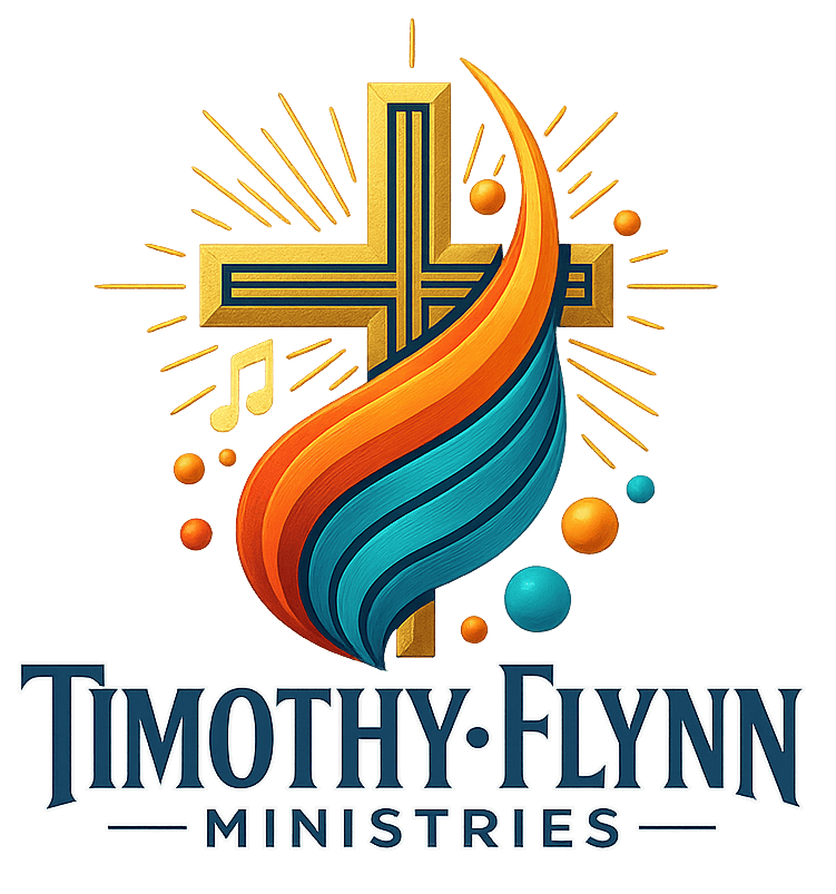 Timothy Flynn Ministries Logo - Christian gold and teal cross covered by gold, orange, teal swoosh